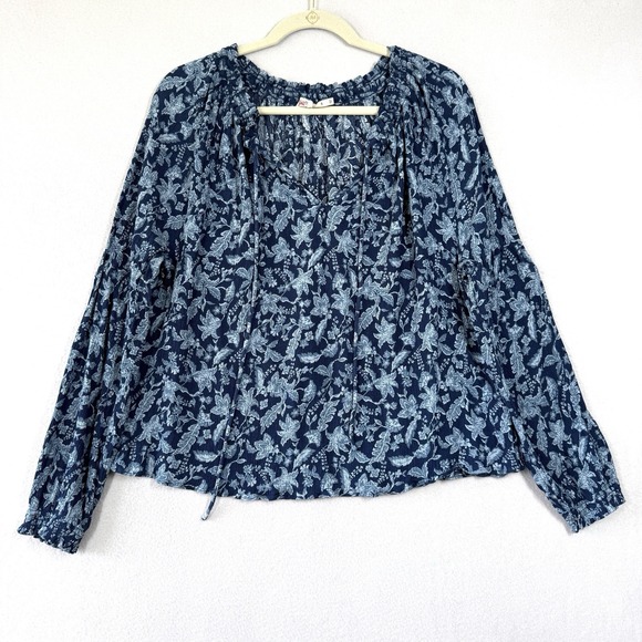 Faherty Tops - Faherty Top Womens Small Emery Blouse Blue Esna Floral Peasant‎ Relaxed Smocked